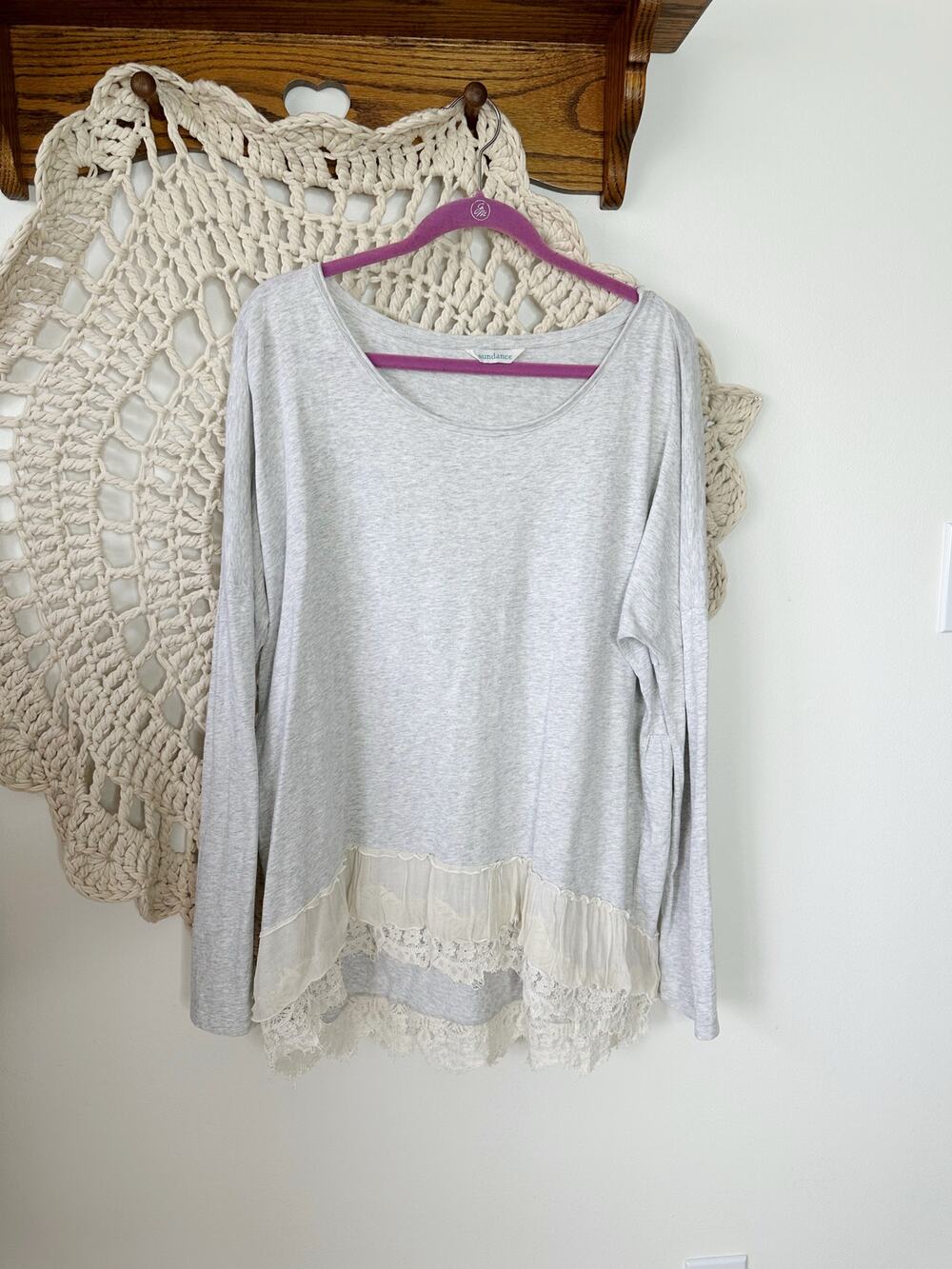 Sundance Catalog Gray Jersey Knit Lace Trim Long Tunic Top Size Large
